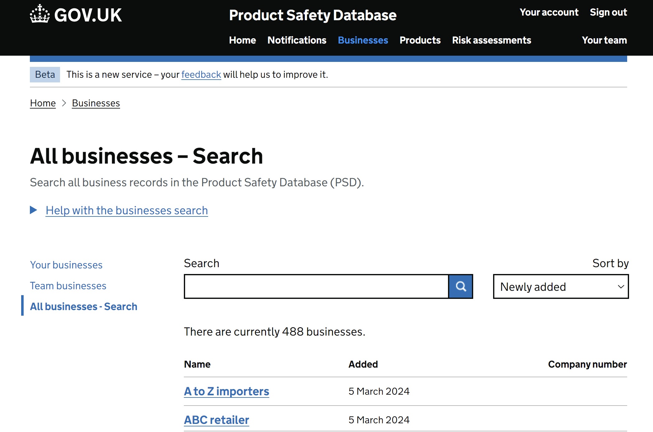 What the businesses area left navigation looks like