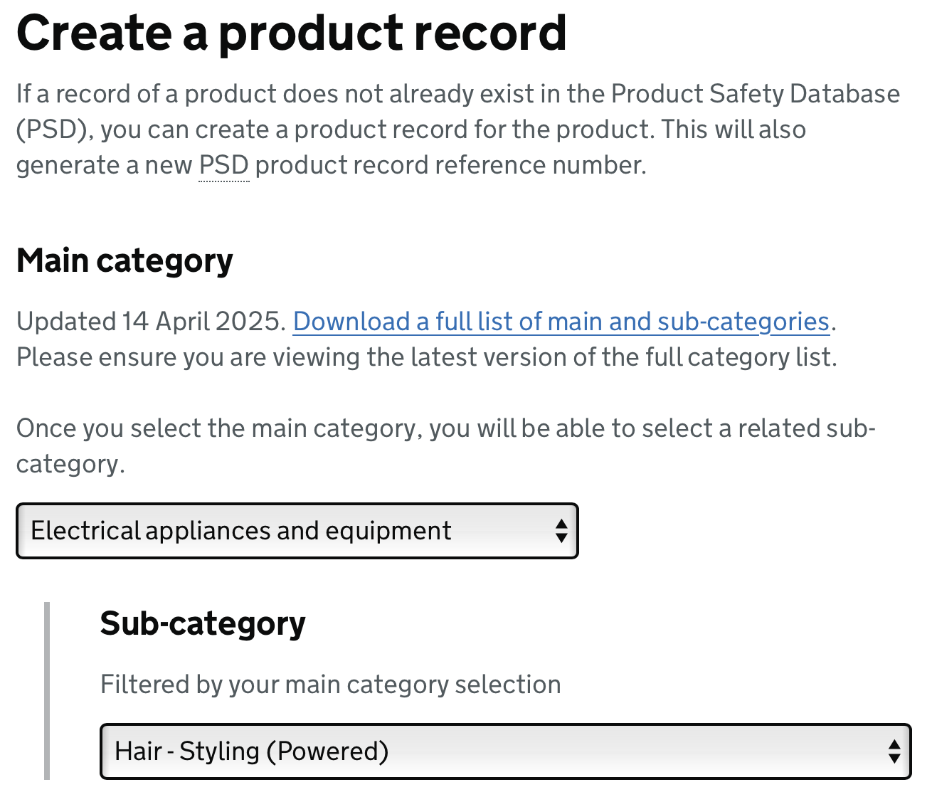 Choosing a sub-category for a product